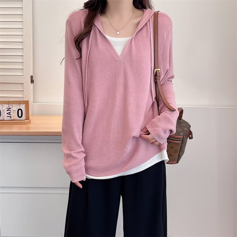 长袖针织衫女假2件撞色2024秋连帽上衣胖mm套装帽衫698|undefined
