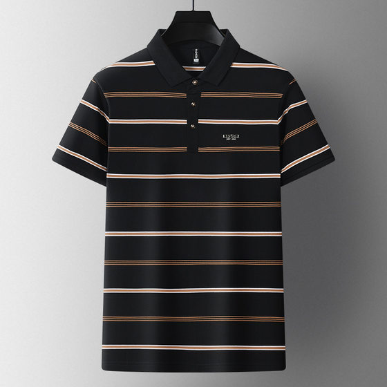 Ali Tiger Summer New Short-sleeved T-shirt Non-ironing Lapel Fashion All-match Men's POLO Shirt Striped High-end Top T