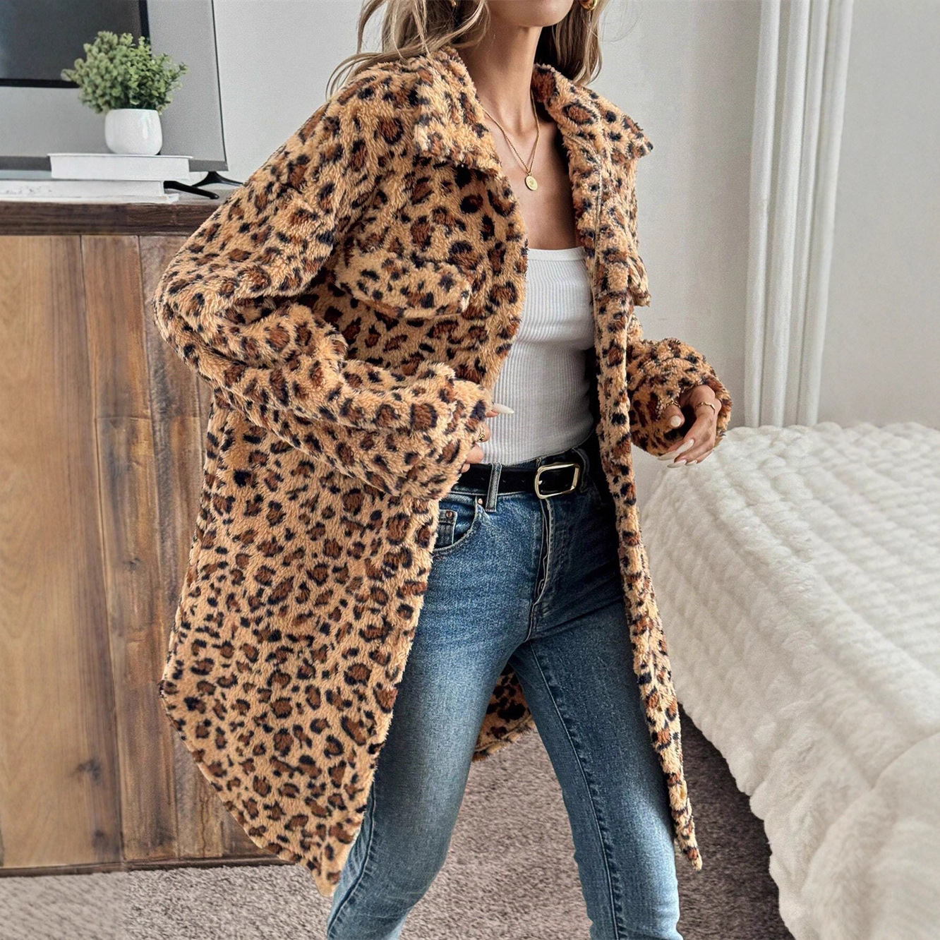 Women’s Oversized Leopard Print Trench Coat – Long Sleeve Button-Up Polyester Windbreaker, Streetwear Fashion For Fall & Winter_voghion.com