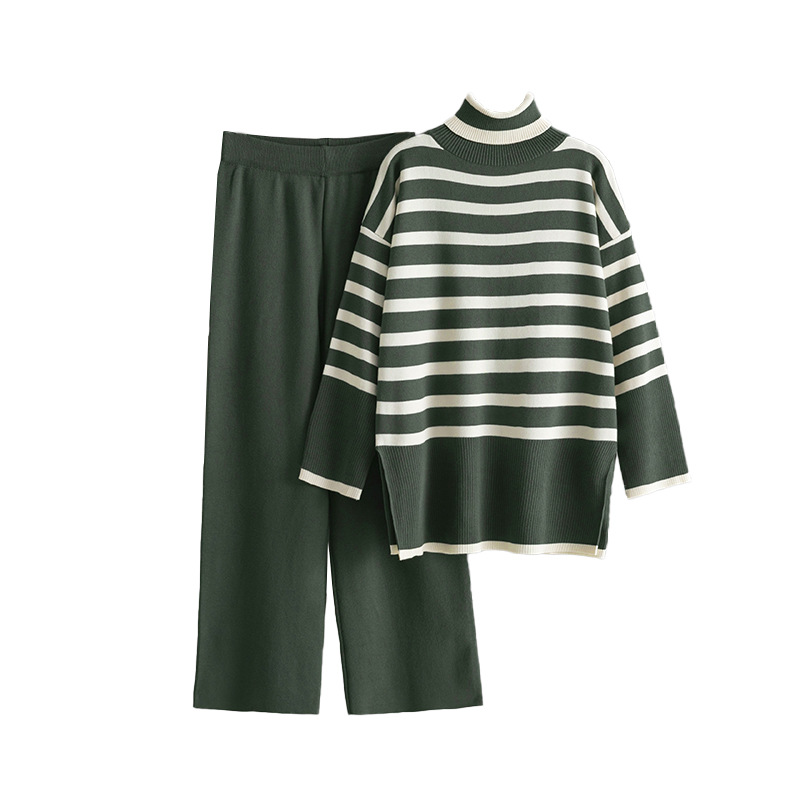 Women's Clothing striped turtleneck sweater for women autumn and winter new loose design sweater pullover top two piece set_voghion.com