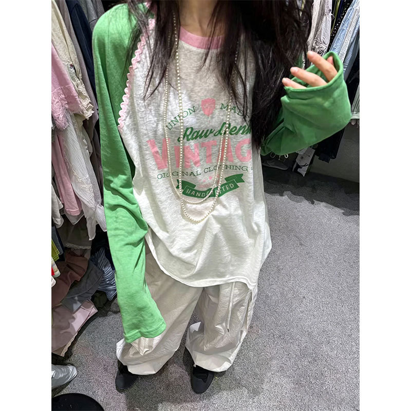 Korean-Style Retro Versatile Color-Blocked Raglan Long-Sleeve Loose Summer Thin Letter-Print Sun-Protection T-Shirt