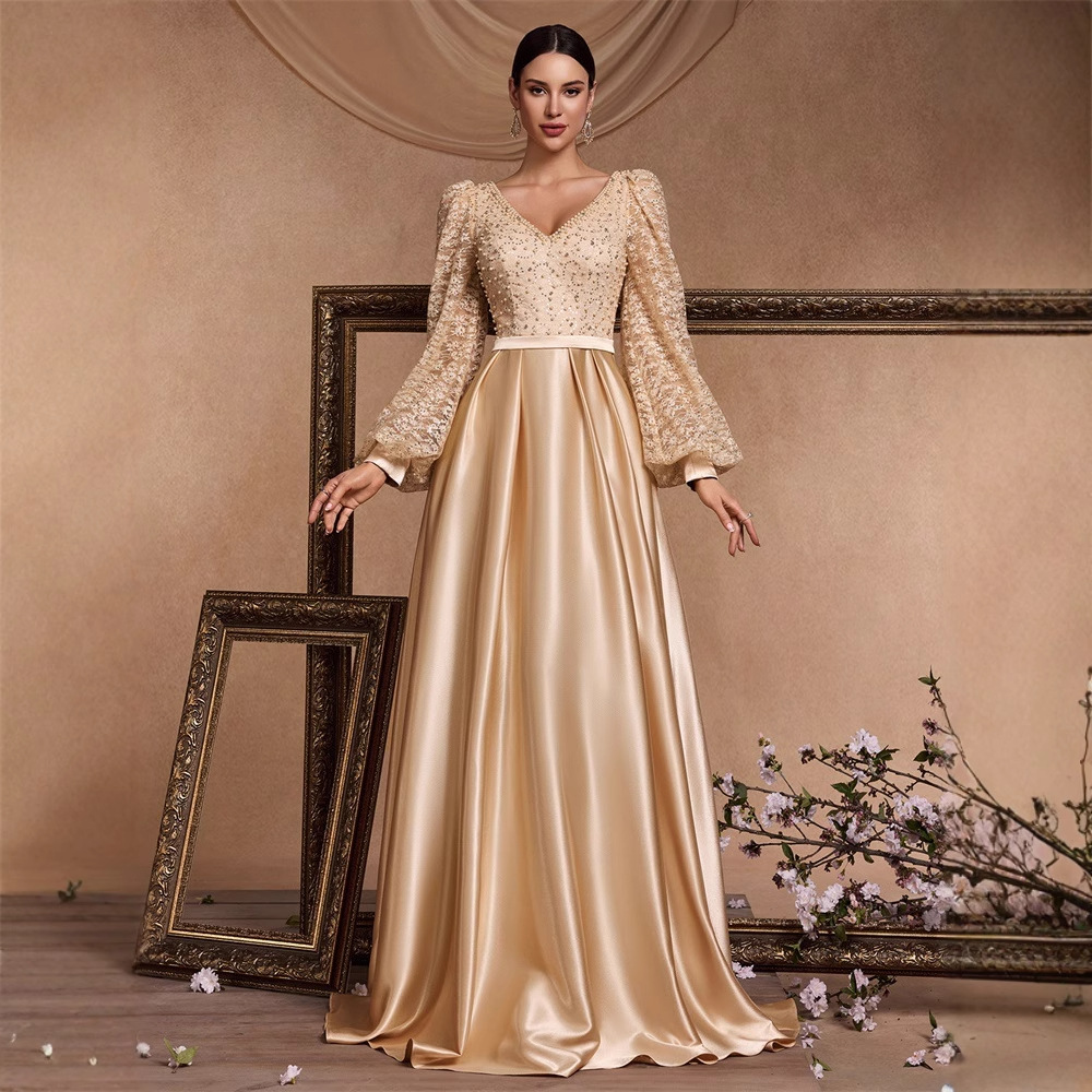 New European and American Sequin Splicing Satin Long-Sleeved V Neck Large A-Hem Ladies Elegant Dinner Prom Dress