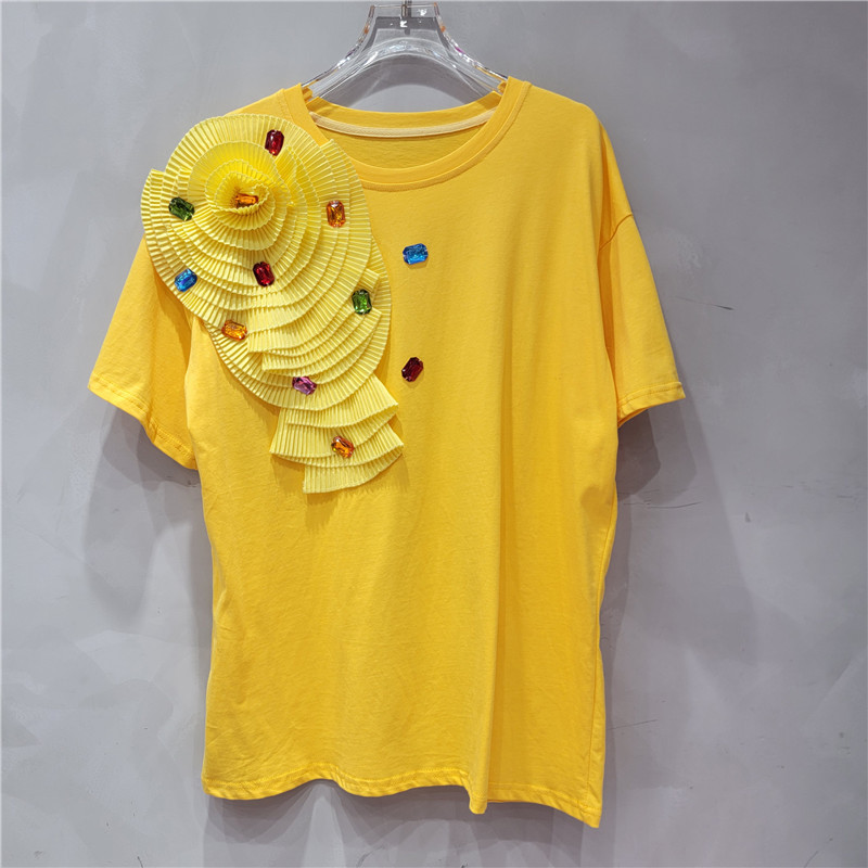 Verano coreano cuello redondo color sólido industria pesada flor mujer manga corta camiseta recta moda todo fósforo plisado suelto