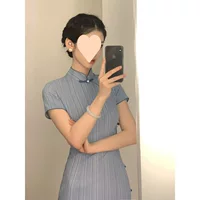 Синий Cheongsam 2025, новое летнее улучшенное студенческое повседневное платье в литературную полоску для молодых девушек в стиле ретро