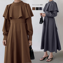 跨境日韩时装外贸-2025秋季女装 超长收腰显瘦OL荷叶边长袖连衣裙