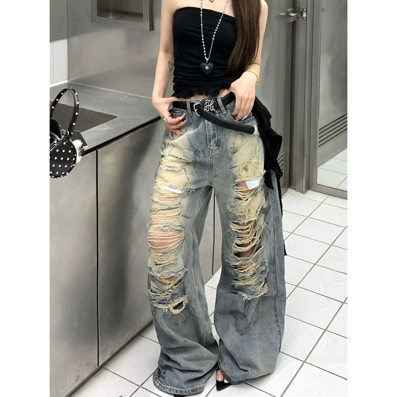 アメリカンホットガールレトロハイストリートリップドジーンズルーズストレートパンツレディース夏ワイドレッグパンツスリムフロアレングスパンツ|undefined