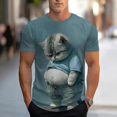 Temu越境電商半袖3dデジタル印刷アニメ動物プリントtシャツ夏丸襟男上着卸売り