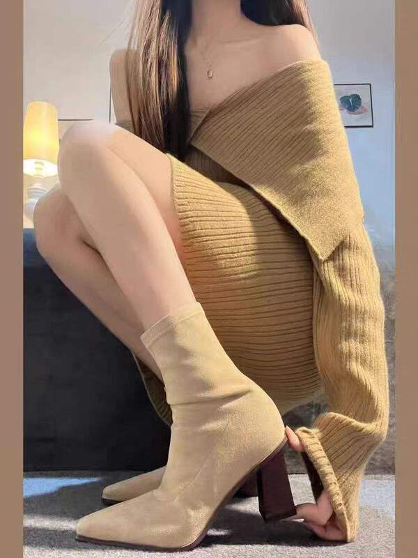 木纹粗跟尖头短靴女2025新款法式高跟绒面瘦瘦靴套筒简约弹力靴|undefined