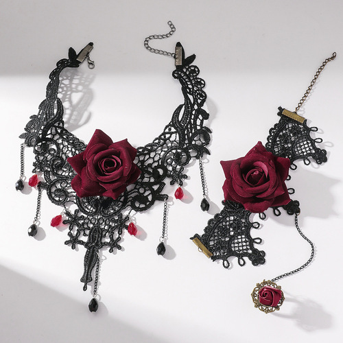 Eurasian Cross-border Retro Black Lace Rose Necklace Bracelet Ring Set for Women Dark Style Choker Jewelry