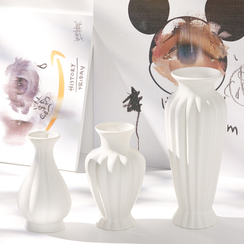 滿天星白色陶瓷乾花水養北歐簡約創意家居裝飾客廳插花花器三件套