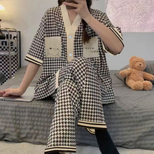 日系和服睡衣女夏季短袖长裤纯棉千鸟格子宽松大码家居服套装春秋