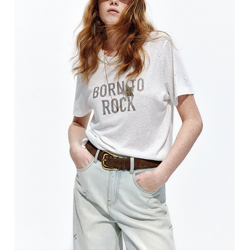【Mo Order】French-Style Trendy Short-Sleeve T-Shirt 2026 Summer Cool Antibacterial Gold-Print Retro Print Top