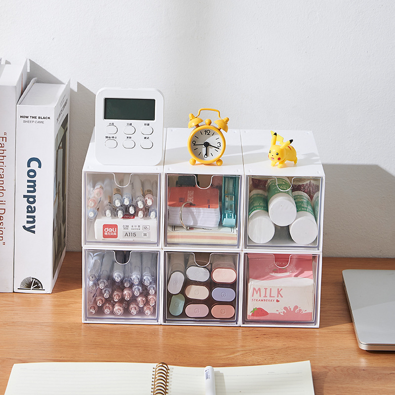 Stationery storage box book desktop table cosmetics Yum drawer type wholesale plastic Transparent stackable storage box