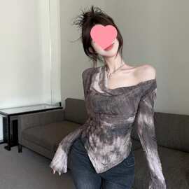 春季辣妹法式独别致荡领一字肩上衣扎染不规则长袖恤打底衫女