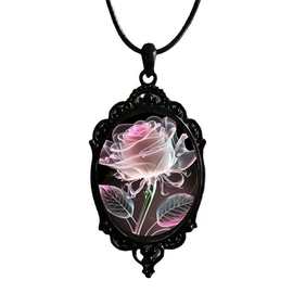 跨境新品花朵图案黑色框架玻璃吊坠链项链，浪漫的珠宝礼品