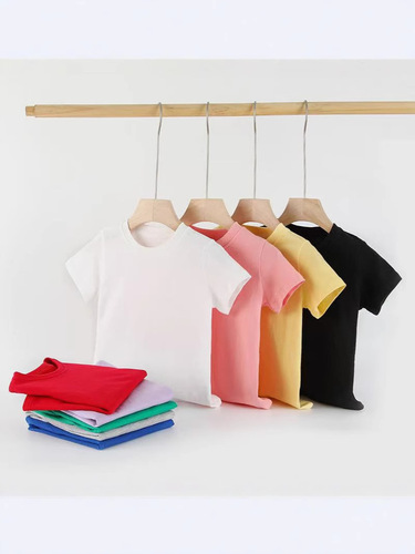 Children's Short-Sleeved T-shirt, 220gsm; Baby & Kids' Short-Sleeved T-shirts for Boys and Girls; Round-Neck Tops for Parent-Child Matching; Solid-Color, Pure Cotton T-shirts