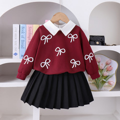 Children's clothing  SHEIN跨境女童套装白色领酒红色卫衣百褶裙