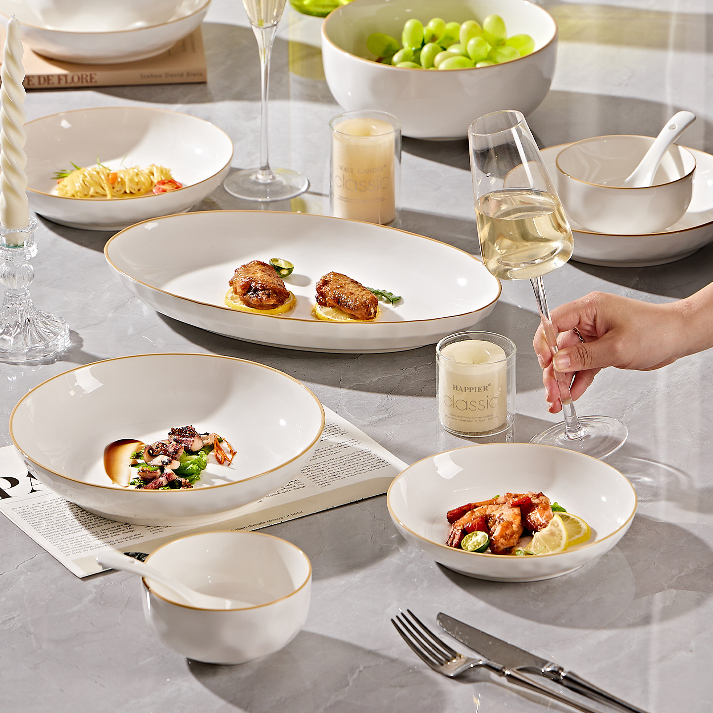 Juego de platos de alto valor de color bajo vidriado Tazón de cerámica para el hogar simple Plato al por mayor Palillos Tazón de sopa Tazón de fideos Tazón de arroz