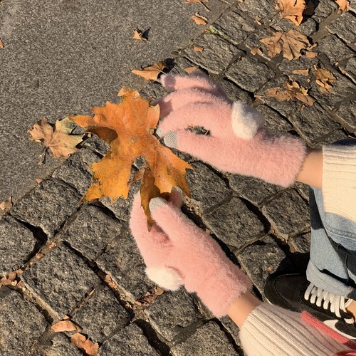 Autumn and winter plus velvet warm touch screen gloves for sweet girls Korean style cute knitted wool split-finger cycling for cold-proof students