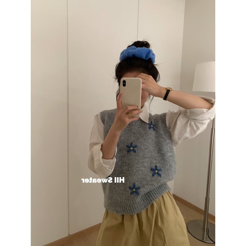 韩系甜美手工立体刺绣小花针织马甲上衣女秋冬款百搭圆领毛衣背心|undefined