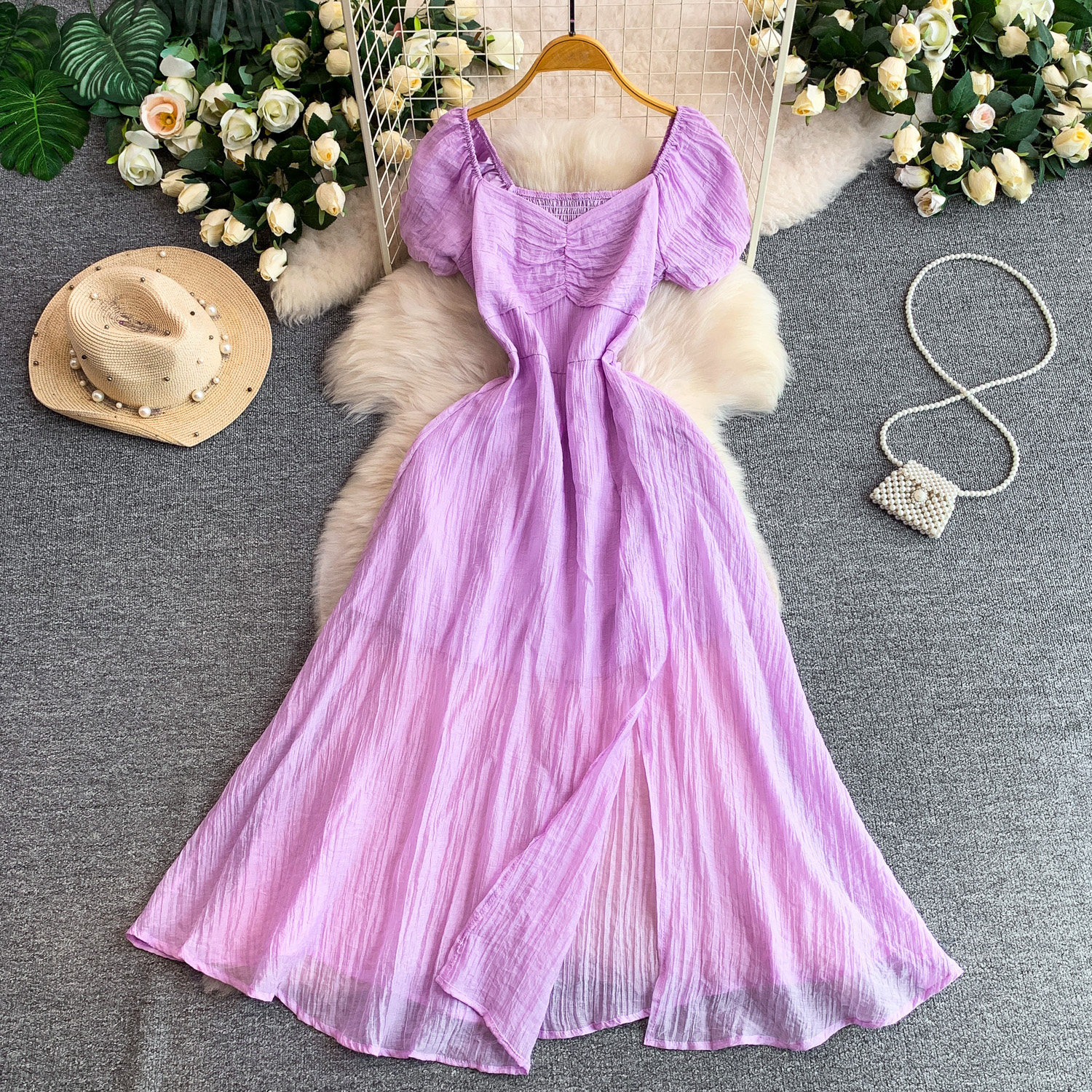 Women's French Style Elegant Square Neck Puff Sleeve Dress Casual Slit Long Skirt Pleated Waist Slimming Summer Style_ecoleips.com