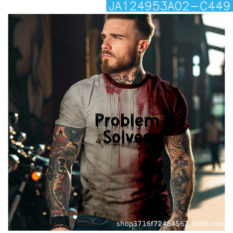 2024 Europe and the United States new I 'M Fine blood Halloween street trend around 3D fashion men's round neck short sleeve