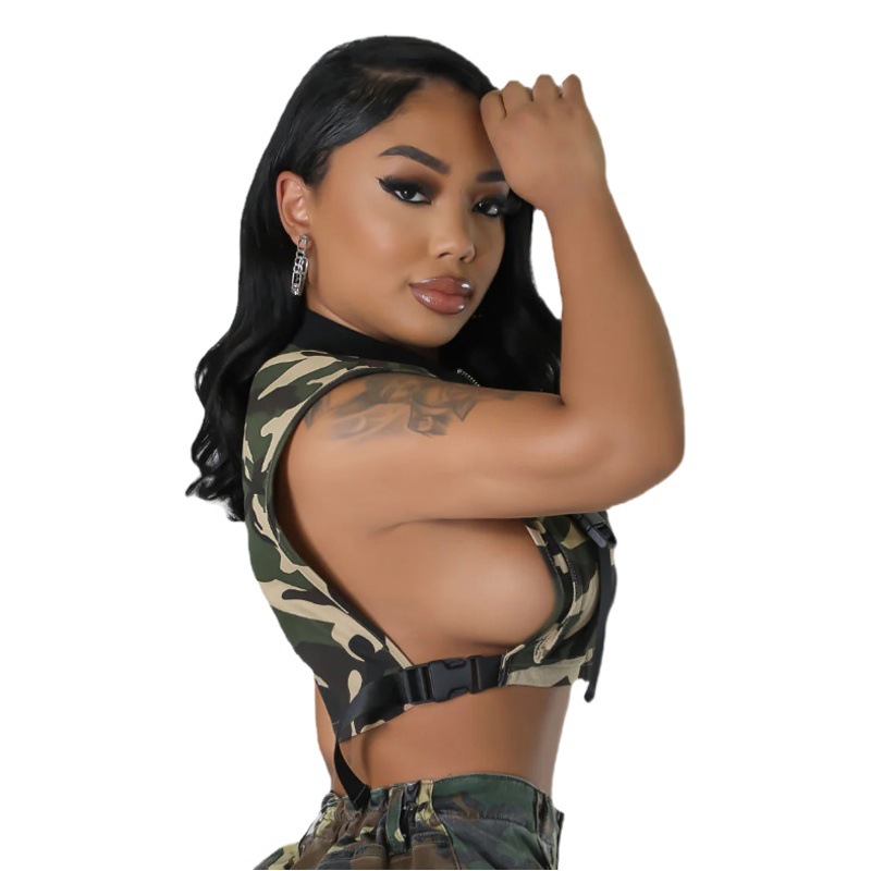 Ropa de mujer transfronteriza HX0275 Amazon popular sin mangas de camuflaje Top fresco de las mujeres