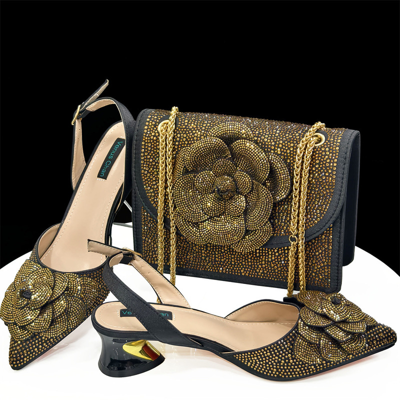 Black Gold Point Toe Pumps Square Shoulder Bag Flower Decoration Women's Shoe Bag suit Set Black Gold Point Toe Pumps Square Shoulder Bag Flower Decoration Women's Shoe Bag suit Set
