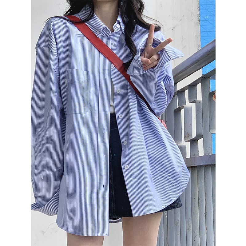 法式气质蓝色条纹衬衫女早秋2025新款宽松防晒衬衣外套上衣百搭潮|undefined