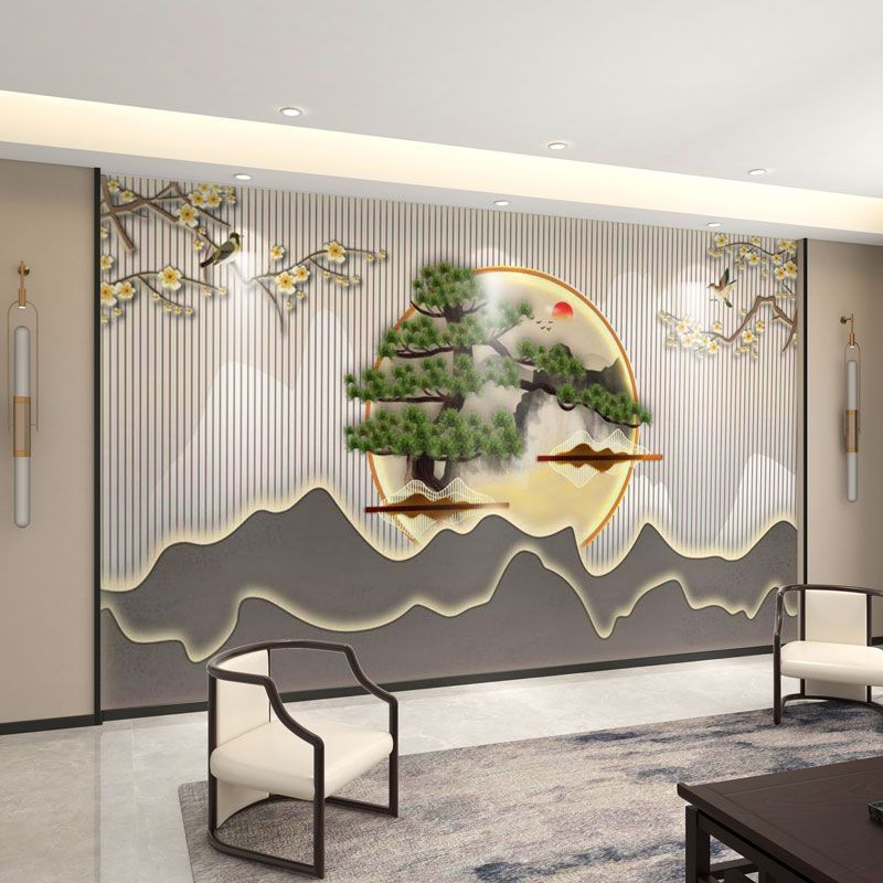 新中式中国风景山水客厅电视背景墙茶室餐厅8d立体装饰壁画