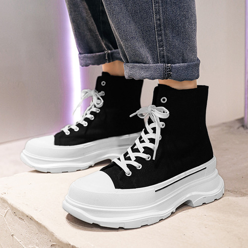 Wholesale Winter Men's High-Top Canvas Shoes, Youth Foam Height-Boosting Sports Shoes, Hong Kong Style Versatile Casual Shoes for Men