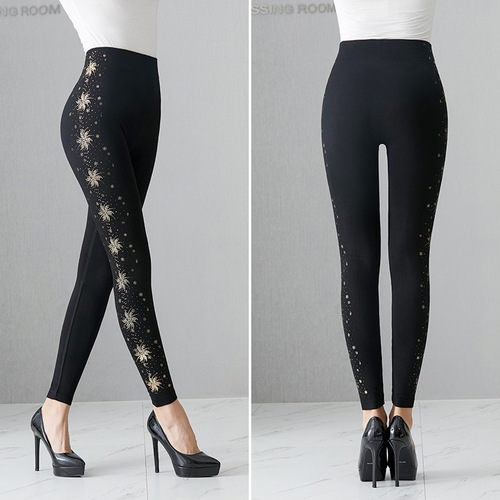 Spring and Autumn Mid-length Modal Printed Base Leggings for Women, Thin, High-Waisted, Plus Size, Seamless, Gold-Plated, Highly Elastic, Cropped Pants