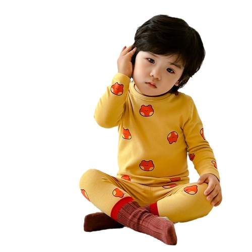 Children's autumn and winter thermal underwear for boys and girls, pure cotton pajamas for small and medium-sized children, Korean version of boneless home clothes set