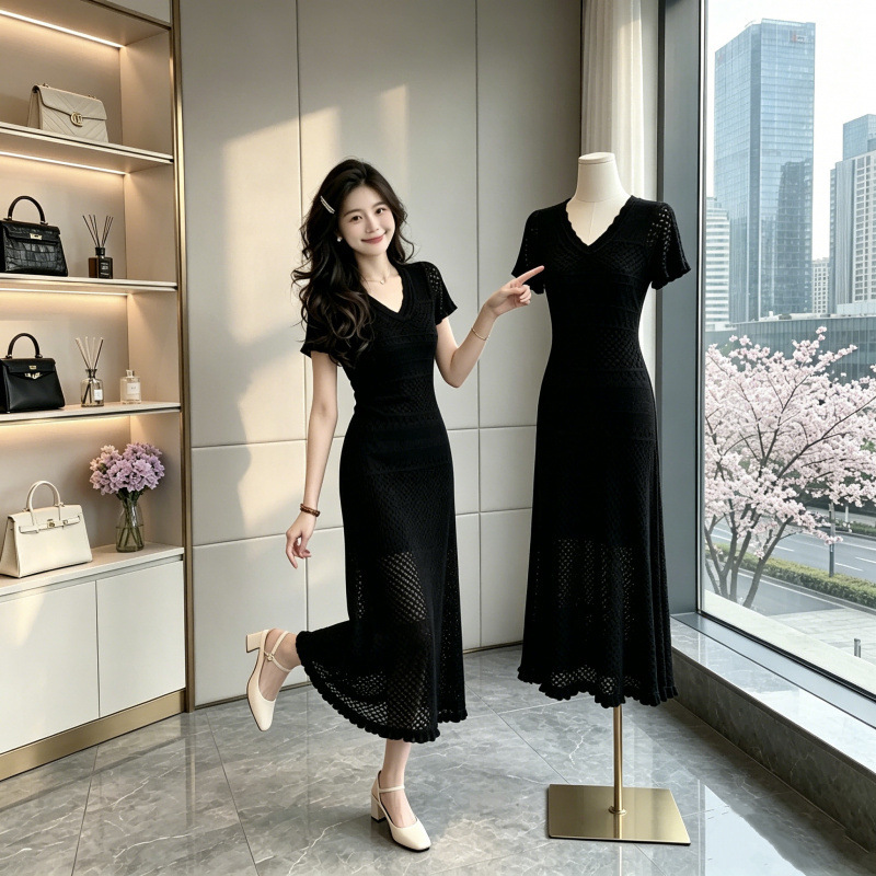 Long and Short Styles Zhang Axing's Graceful and Elegant Hepburn-Style High-End Lyocell Hollow-Out V-Neck Knitted Slim-Fit Dress