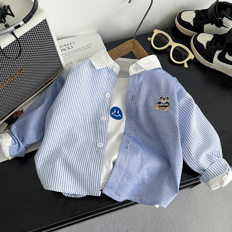 Chaqueta de camisa de costura a rayas de primavera y otoño para niños, chaqueta de camisa de solapa de todo fósforo con bordado de dibujos animados de manga larga para niños