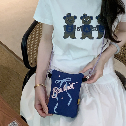 2024 New Ribbon Bow Letter Embroidery Crossbody Fresh One Shoulder Mobile Phone Bag for Women Literary