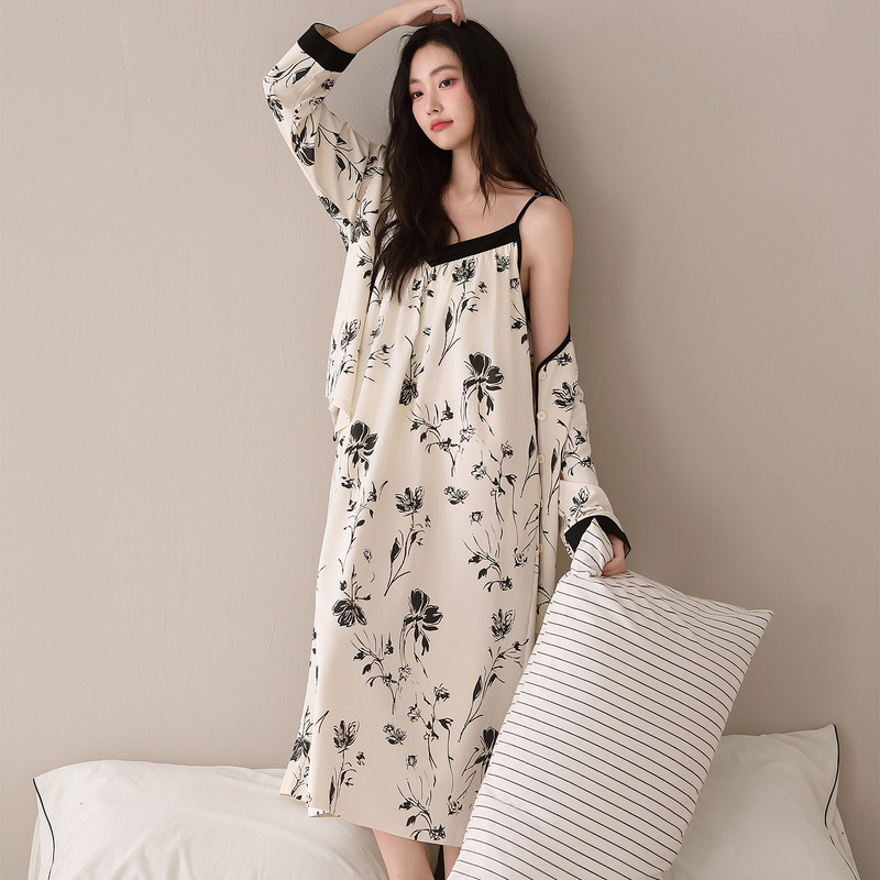Lyocell nightgown, spring and autumn women's two-piece pajamas, urban style simple camisole dress, breathable long-sleeved women's home wear Lyocell nightgown, spring and autumn women's two-piece pajamas, urban style simple camisole dress, breathable long-sleeved women's home wear