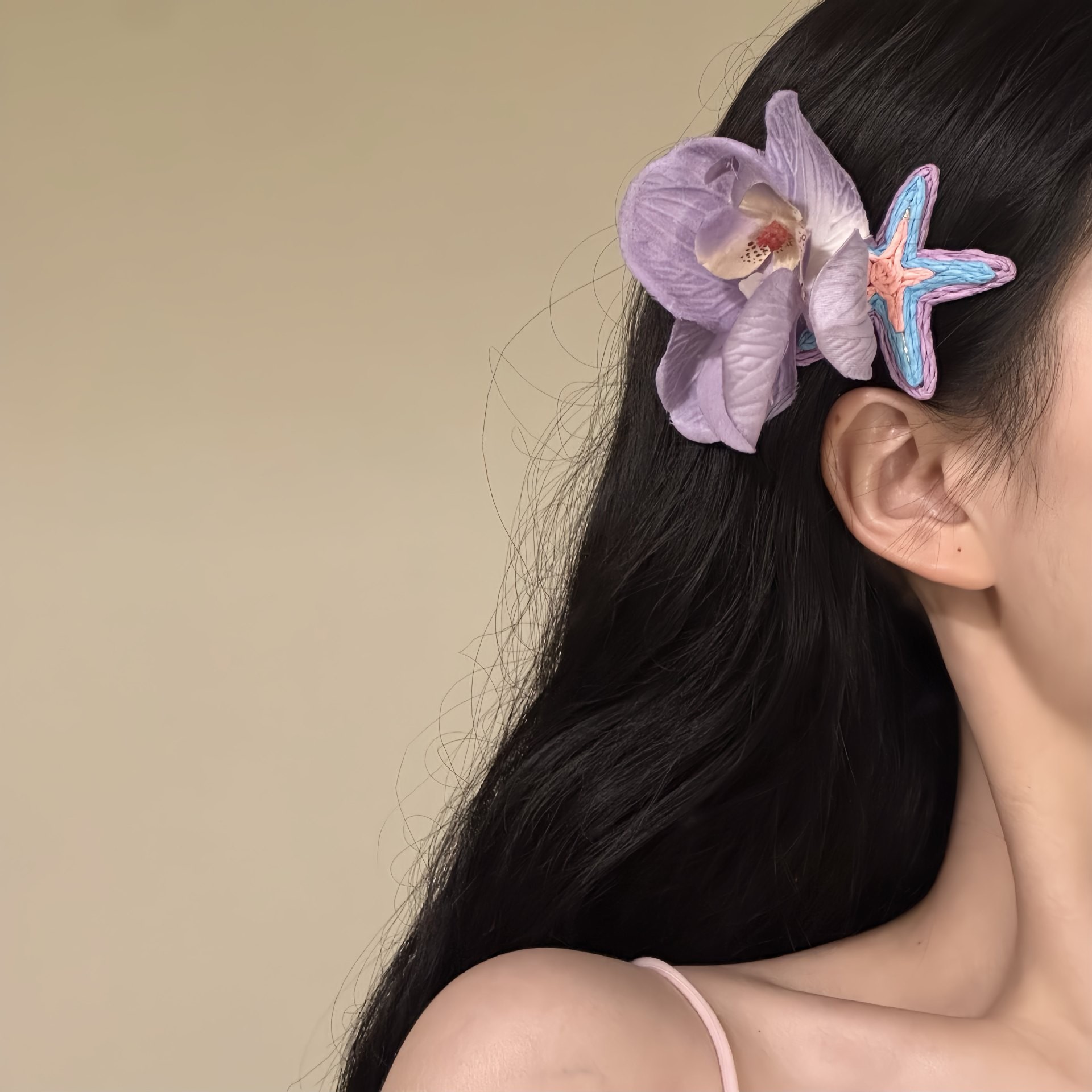 23#보라색 꽃 불가사리 머리핀
