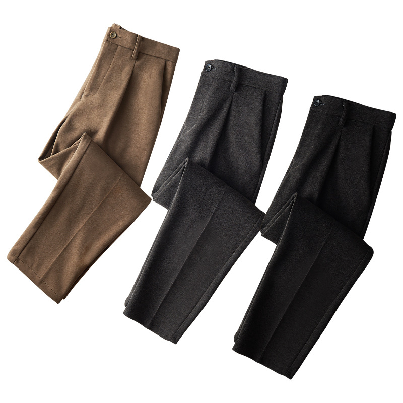 Pantalones largos engrosados de terciopelo para hombres, pantalones de traje de nueve puntos cálidos de otoño e invierno para hombres, pantalones de lana casuales de negocios para hombres