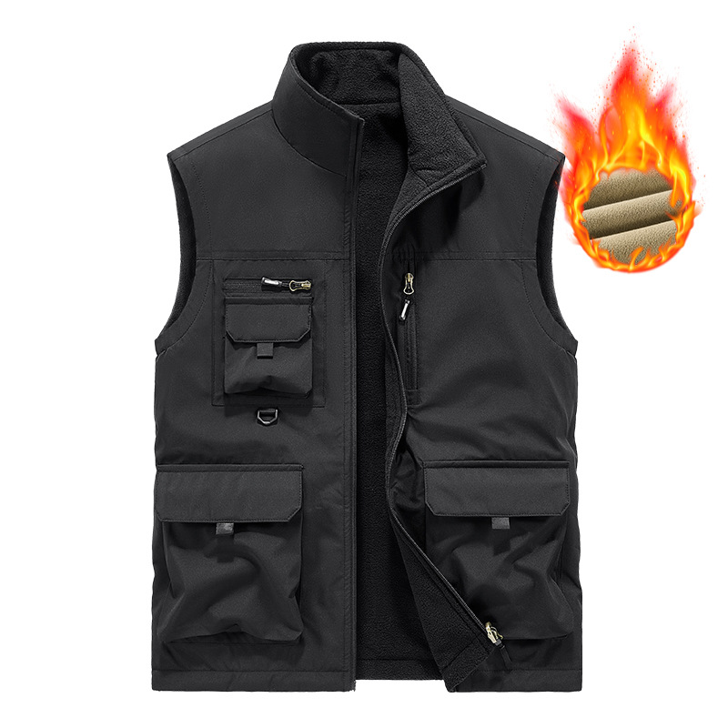 Cross-border chaleco de terciopelo de doble cara hombre ocio collar chaleco al aire libre hombro chaleco de pesca hombre de mediana edad chaleco de bolsillo