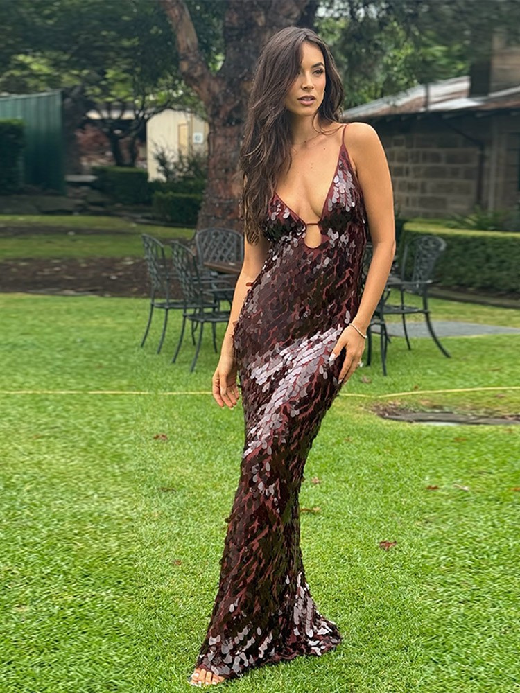 2025 European And American Sexy Women's Camisole Sequin Pure Desire Shiny Long Dress Cross-Border Hot Item Elegant_ecoleips.com