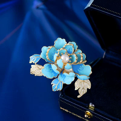 Temperament Pearl Corsage, High-End Enamel Brooch, Coat Accessories, National Style Flower Blooming, Rich Peony Flower Brooch for Women (Yaxa sancaqları) - blue