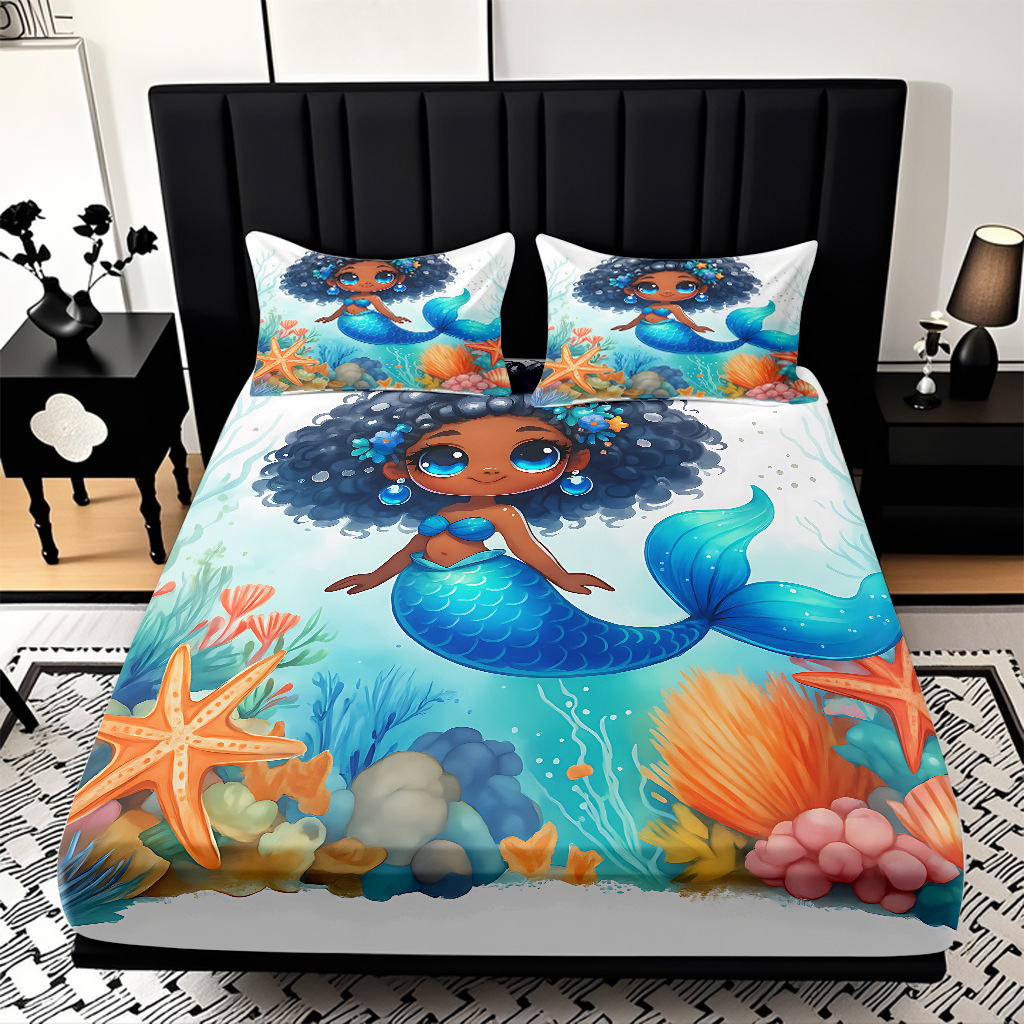 JIT modo Temu 3D impresión de caricatura sirena cama textil casera camisa ropa de cama tres piezas set transfronterizo mayorista