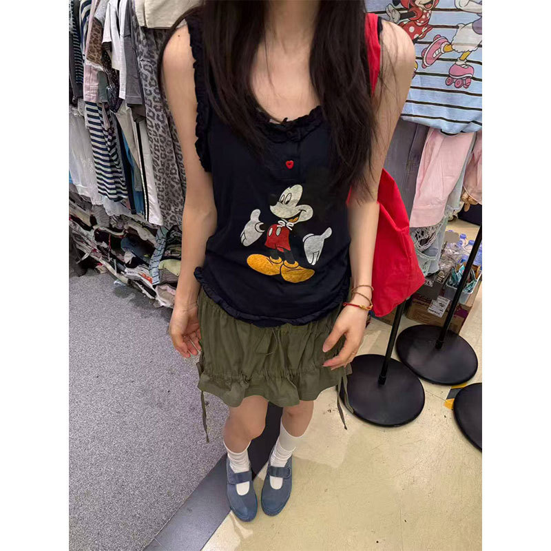 Korean Order Casual Youthful Slimming Cartoon Print Pure Cotton Ruffle Edge Tank Top Versatile Design Sleeveless T-Shirt Korean Order Casual Youthful Slimming Cartoon Print Pure Cotton Ruffle Edge Tank Top Versatile Design Sleeveless T-Shirt