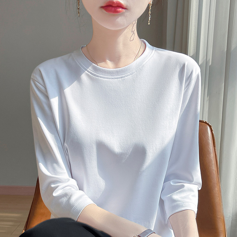 2025 Spring and Summer New Cool Pure Cotton Round Neck Knitted Three-Quarter Sleeve T-Shirt Pure Color Loose Pullover Bottoming Shirt for Women