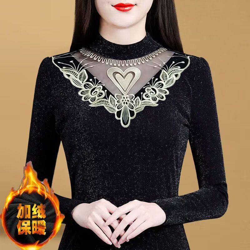 加绒/薄款秋冬蕾丝打底衫大码女长袖t恤洋气修身小衫显瘦网纱上衣|undefined