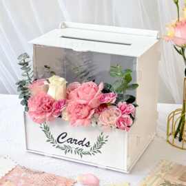 木质卡片盒 婚礼卡盒带花槽 礼品卡盒乡村婚礼装饰派对贺卡收纳盒