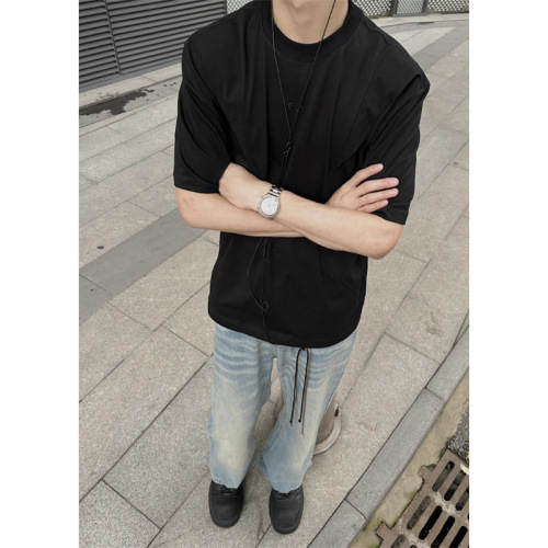 Men's Summer Short-Sleeve T-Shirt with Hemmed Pockets, American Street Style Deconstructed Crew Neck Hoodie, Trendy Brand Design Sensibility Loose Top