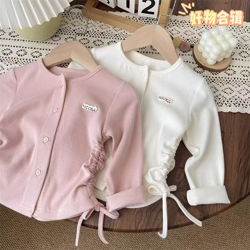 Girls' 2025 Autumn Outerwear Solid Color Base Shirt Drawstring Cardigan T-shirt Design Korean Style