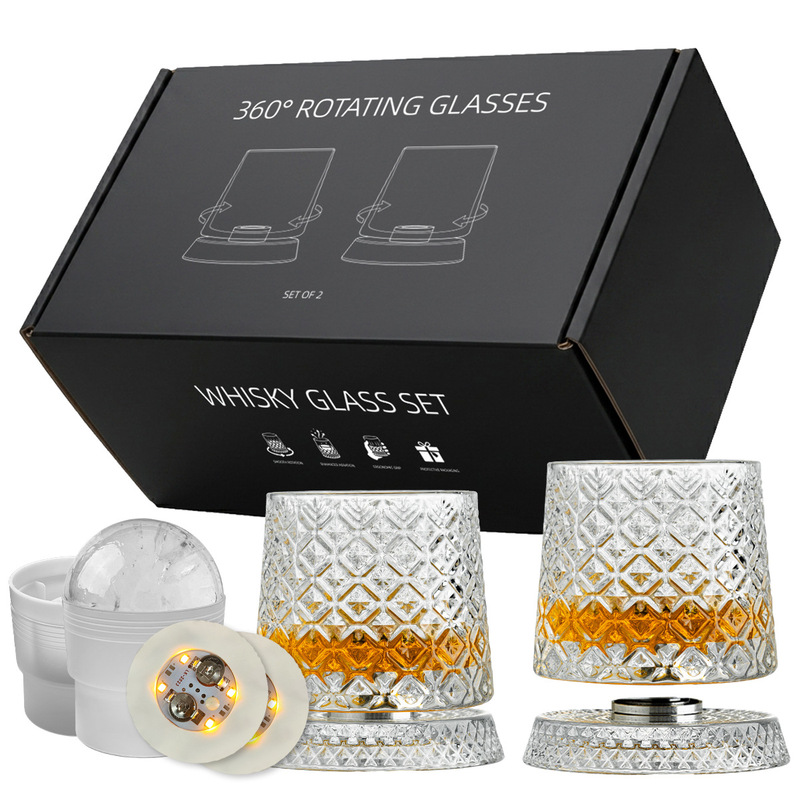 Cross-Border Exclusive Supply of Original Metal Rotating Shaft Whiskey Glasses, Rotating Glass Cups, Set of 2, Including Ice Ball Mold Cross-Border Exclusive Supply of Original Metal Rotating Shaft Whiskey Glasses, Rotating Glass Cups, Set of 2, Including Ice Ball Mold